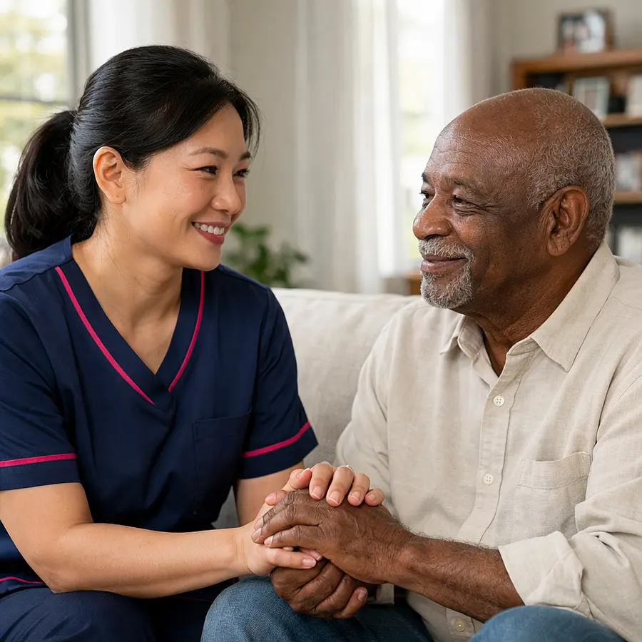 A realistic image of an asian female caregiver wearing a 00072b tunic with e51974 accent holding hands reassuringly with a black older man in a bright living room both smiling softly trust dignity warmth realistic photography style.