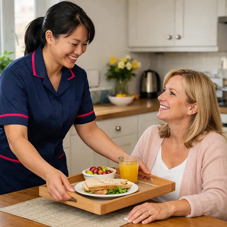 A realistic image of an asian female caregiver wearing a 00072b tunic with e51974 detail serving a light meal to a recovering caucasian woman at home. The service user is smiling and seated comfortably with a supportive cheerful atmosphere realistic textures and a bright kitchen dining space.