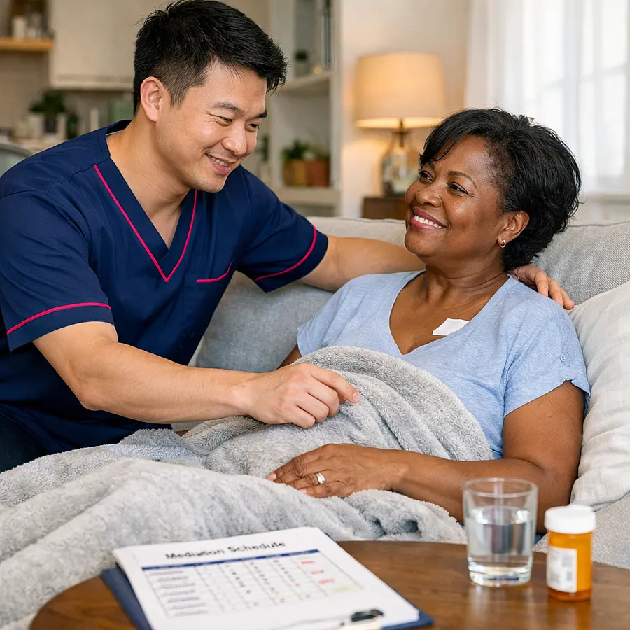 A realistic image of an asian male caregiver in a 00072b tunic with e51974 trim helping a middle aged black woman settle comfortably on a sofa after surgery. Both are smiling gently showing reassurance and trust with a blanket medication chart and glass of water nearby in a bright homely setting.