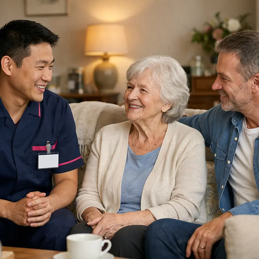 A realistic image of an asian male caregiver in a 00072b tunic with e51974 accent speaking kindly with an elderly caucasian woman in her living room with her son nearby listening supportively warm smiles soft furnishings calm and reassuring atmosphere realistic home care photography