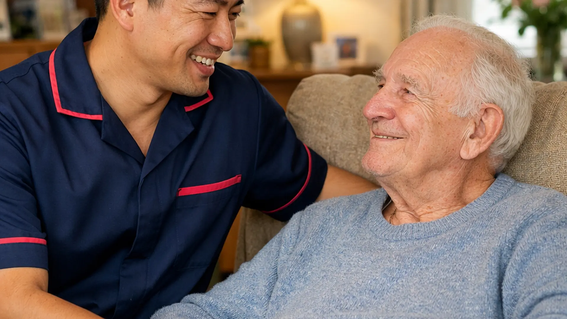 A realistic image of an asian male caregiver in a 00072b tunic uniform with e51974 accent speaking kindly with a caucasian older man at home in an armchair both relaxed and smiling gently a peaceful lounge environment realistic warm family focused scene.