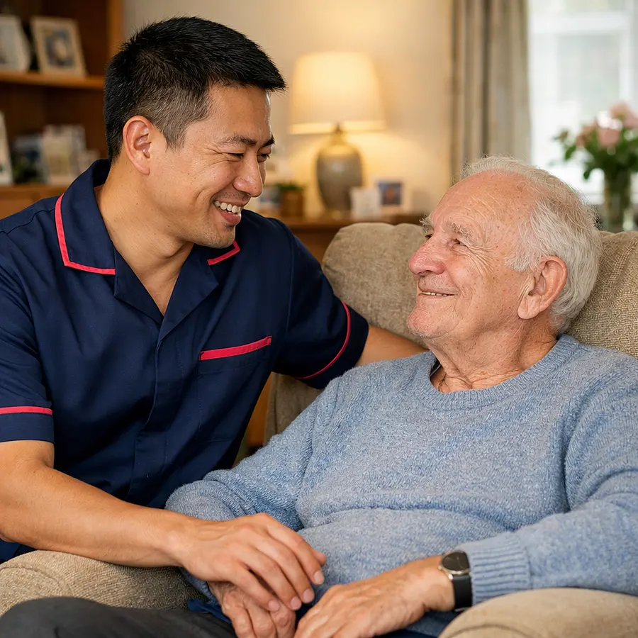 A realistic image of an asian male caregiver in a 00072b tunic uniform with e51974 accent speaking kindly with a caucasian older man at home in an armchair both relaxed and smiling gently a peaceful lounge environment realistic warm family focused scene.