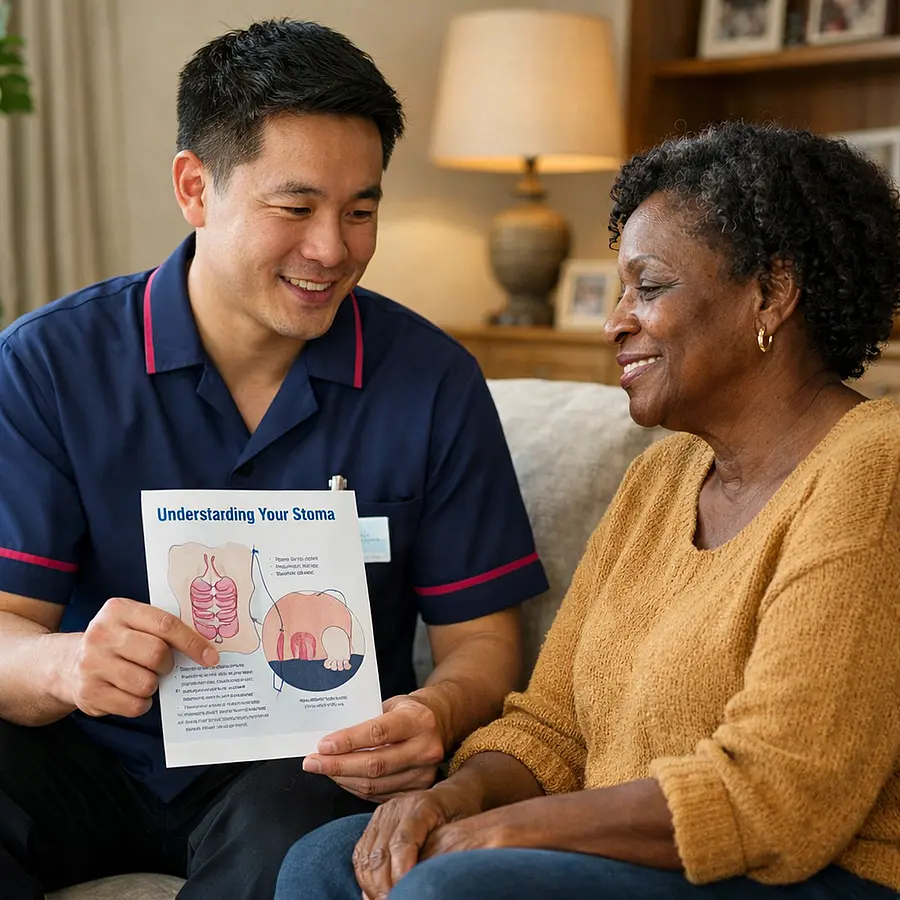 A realistic image of an asian male caregiver in a 00072b tunic with e51974 accent speaking kindly with a middle aged black female service user at home using a simple anatomical leaflet to explain what a stoma is warm natural light relaxed body language reassuring and professional atmosphere.