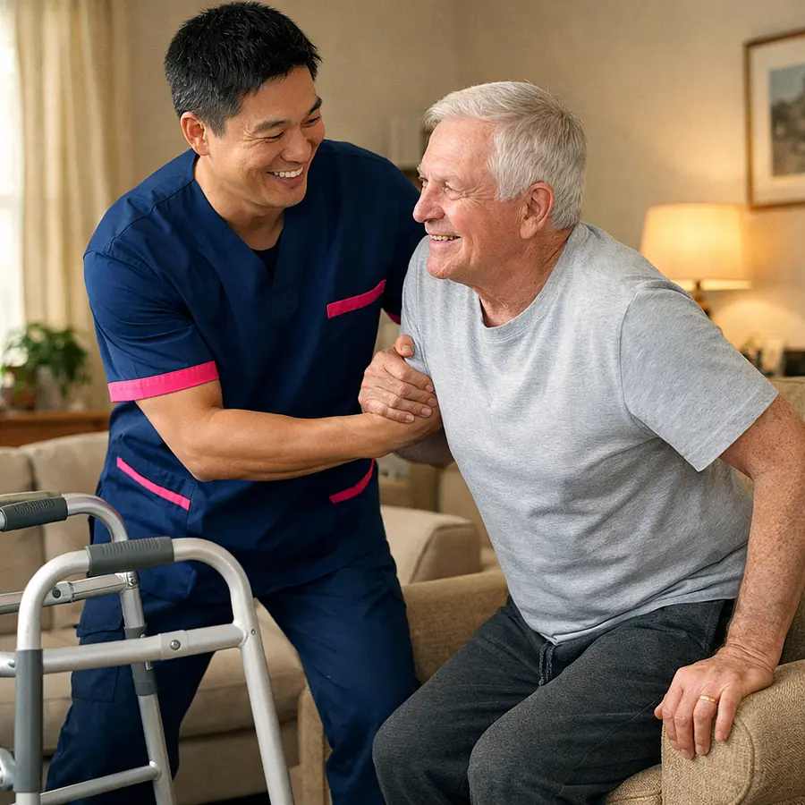 A realistic image of an asian male caregiver wearing a 00072b tunic with e51974 accents helping a caucasian male service user with safe movement from chair to standing after surgery. Both appear encouraged and positive in a comfortable living room with walking aid and natural warm lighting.