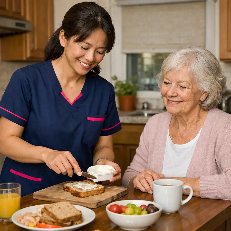 A realistic image showing an asian female caregiver in a tunic uniform colored 00072b with e51974 accents preparing a light meal in a home kitchen for a caucasian older woman both smiling softly comforting and uplifting atmosphere realistic home care photography.