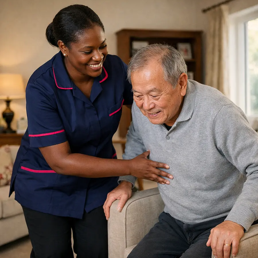 A realistic image with a black female caregiver in 00072b tunic with e51974 detail supporting an asian older male service user to stand safely near a chair in his living room encouraging smile calm confidence realistic home environment.
