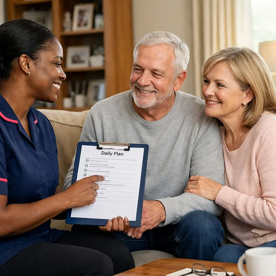 A realistic in home support scene showing a black female caregiver in a 00072b tunic with e51974 detail reviewing a daily plan with a caucasian male service user and his spouse everyone reassured and smiling gently tidy home setting warm and professional realism