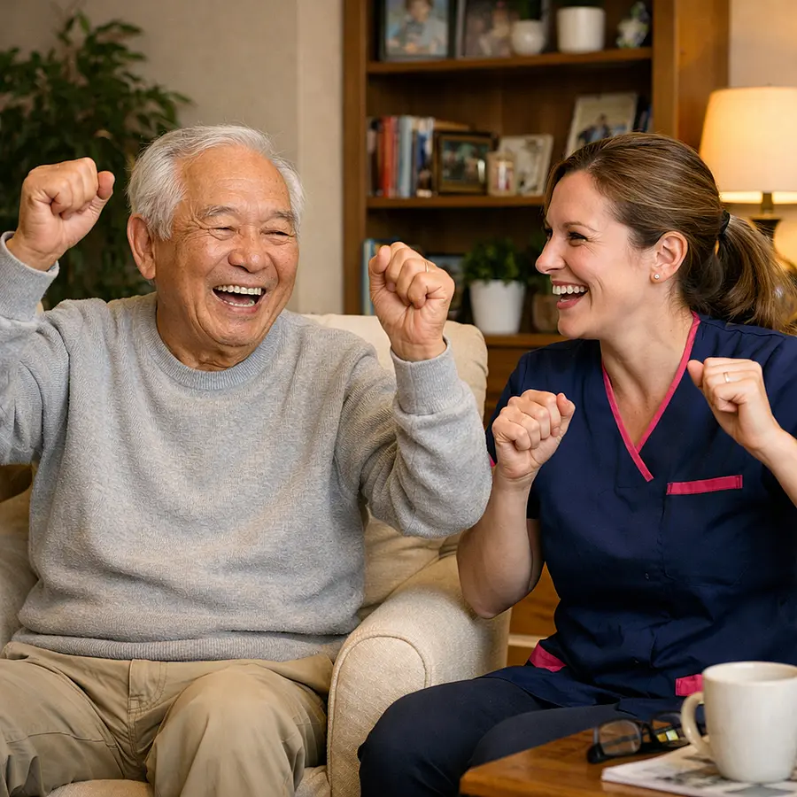 A realistic joyful exercise moment with a caucasian female caregiver in 00072b tunic with e51974 accent and an elderly asian man smiling while doing seated arm movements to music in a cosy lounge warm and friendly home care atmosphere realistic detail
