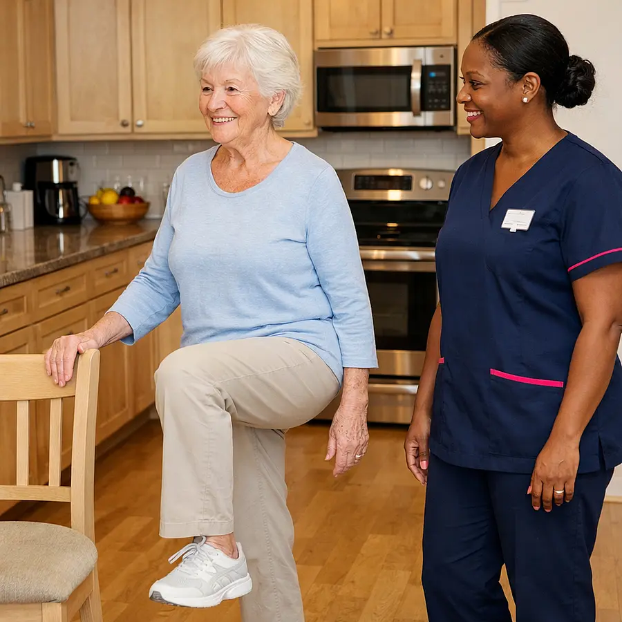A realistic kitchen based balance exercise scene with a black female caregiver in 00072b tunic with e51974 accent nearby as an elderly caucasian woman lightly holds a chair and marches gently on the spot warm smiles safe clutter free floor realistic home care photography