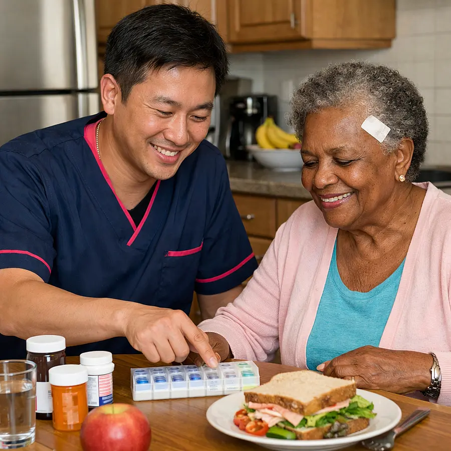 A realistic kitchen scene featuring an asian male caregiver in a 00072b tunic with e51974 accents helping an elderly black woman organise lunch and medicines at a table both smiling and relaxed showing respectful practical care after a fall in later life.