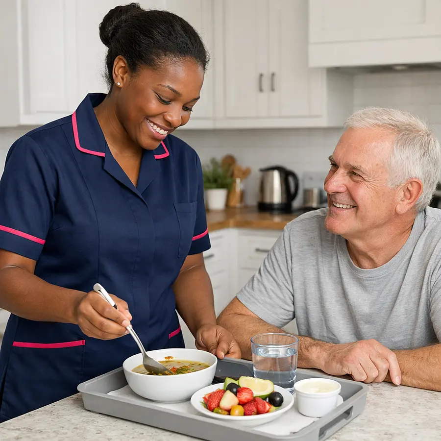 A realistic kitchen scene showing a black female caregiver in a 00072b tunic with e51974 accents preparing light nutritious food for a caucasian male service user recovering after surgery soup and fruit on the counter both smiling bright clean kitchen natural and reassuring.