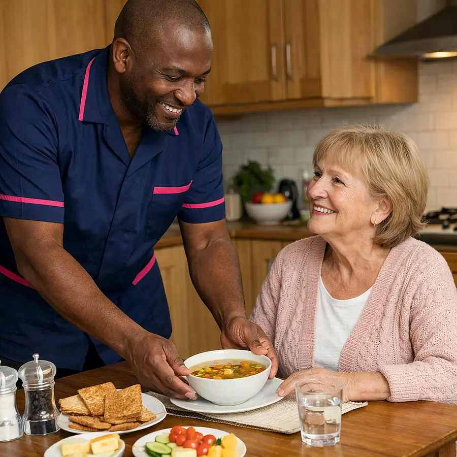 A realistic kitchen scene with a black male caregiver wearing a 00072b tunic with e51974 accents preparing a light meal for a caucasian female service user seated comfortably at the table both smiling warmly fresh soup and snacks visible homely and reassuring atmosphere