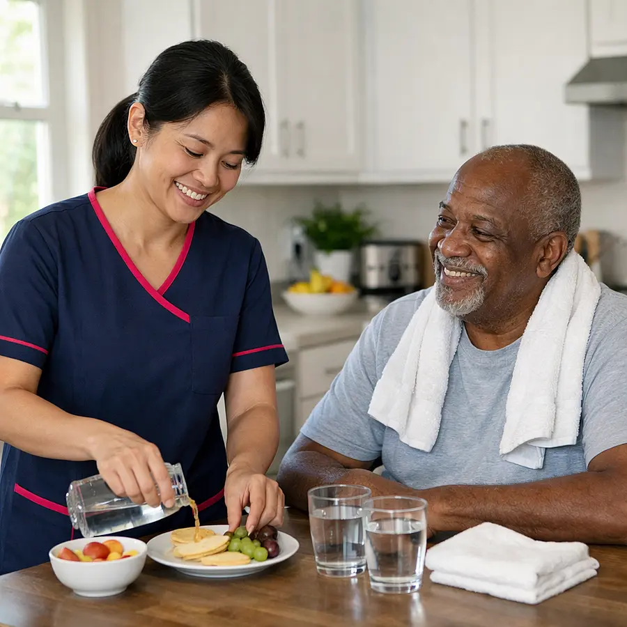 A realistic kitchen scene with an asian female caregiver in 00072b tunic with e51974 accent preparing a light snack and water for an elderly black man after gentle exercise warm smiles clean bright home realistic caregiving atmosphere