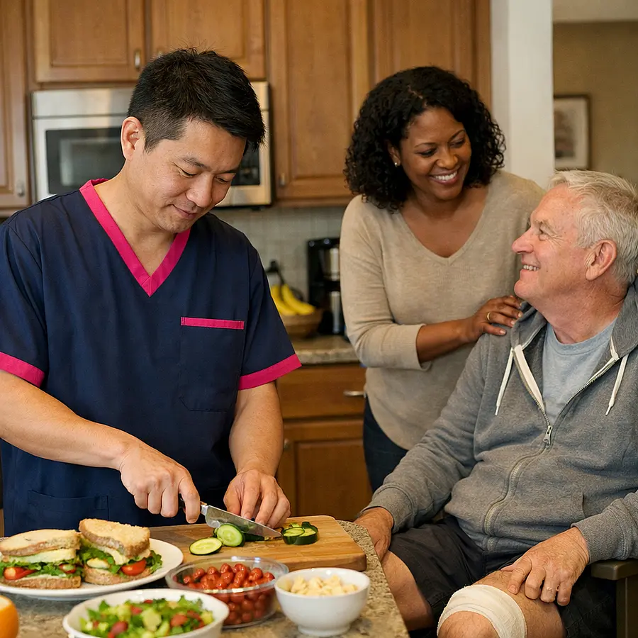 A realistic kitchen scene with an asian male caregiver in a 00072b tunic with e51974 trim preparing a light meal while a black family member and caucasian service user chat nearby. The atmosphere is warm cooperative and reassuring showing shared support after surgery in a realistic home.
