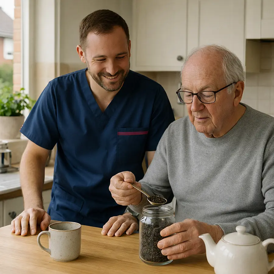 A realistic kitchen setting where a Caucasian male caregiver in a #00072b uniform with #e51974 accents helps an older man measure ingredients for tea, both focused and relaxed, with natural daylight and homely details, illust