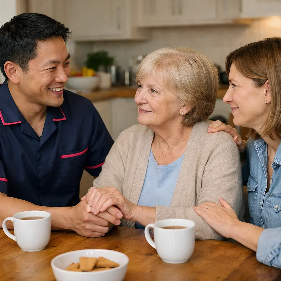 A realistic kitchen table conversation at home with an asian male caregiver in a 00072b tunic uniform with e51974 accent trim speaking reassuringly with a caucasian female service user and her daughter cups of tea on the table warm expressions tidy home setting emotionally supportive and realistic