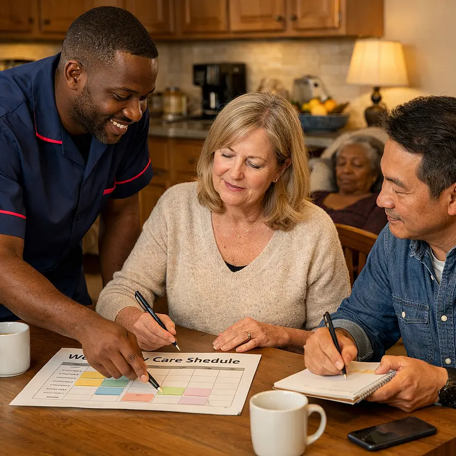 A realistic kitchen table planning scene with a black male caregiver in a tunic uniform colour 00072b with e51974 accent helping caucasian and asian family members organise a care rota while an elderly black female service user rests nearby warm lighting practical and reassuring atmosphere