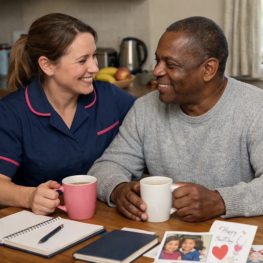 A realistic kitchen table scene at home with a caucasian female caregiver in a 00072b tunic with e51974 accent sitting beside a middle aged black service user both sharing tea and a relaxed conversation smiling softly with notebooks and family cards on the table showing warmth trust and emotional re