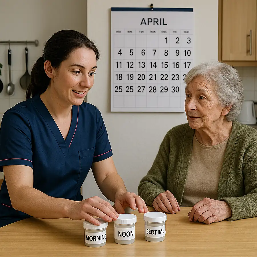 A realistic kitchen table scene where a Caucasian female caregiver in a 00072b uniform with e51974 accent places clearly labelled containers in front of an older woman both talking calmly with a large print calendar on the wall highlighting practical home adaptations.