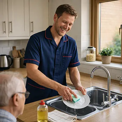 A realistic kitchen where a Caucasian male caregiver in a 00072b tunic uniform e51974 accent is cheerfully washing dishes and ensuring the kitchen is clean and tidy for an elderly person that is not able to do this
