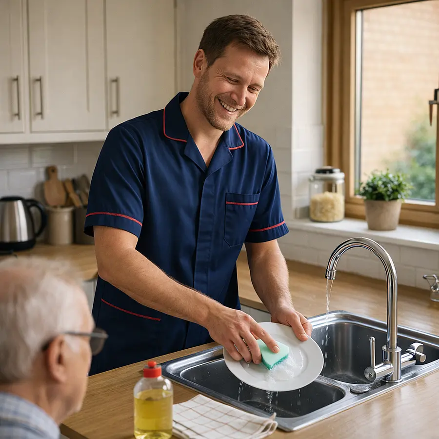 A realistic kitchen where a Caucasian male caregiver in a 00072b tunic uniform e51974 accent is cheerfully washing dishes and ensuring the kitchen is clean and tidy for an elderly person that is not able to do this