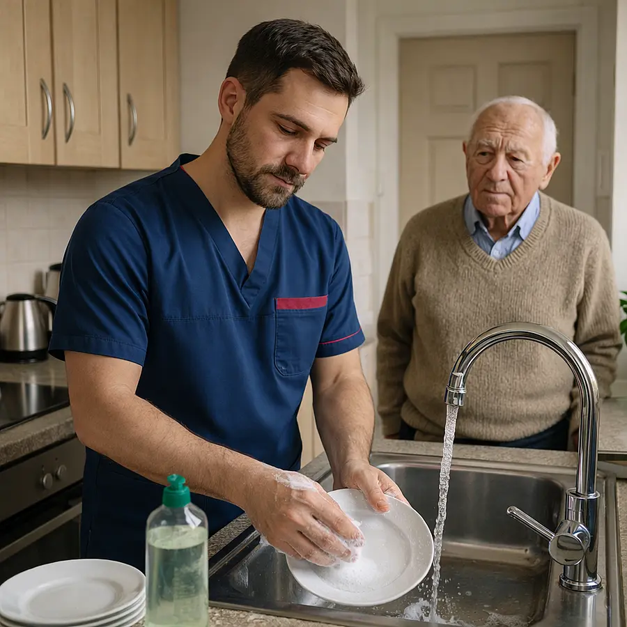 A realistic kitchen where a Caucasian male caregiver in a 00072b tunic uniform e51974 accent is washing dishes ensuring the kitchen is clean and tidy for an elderly person who is not able to do this