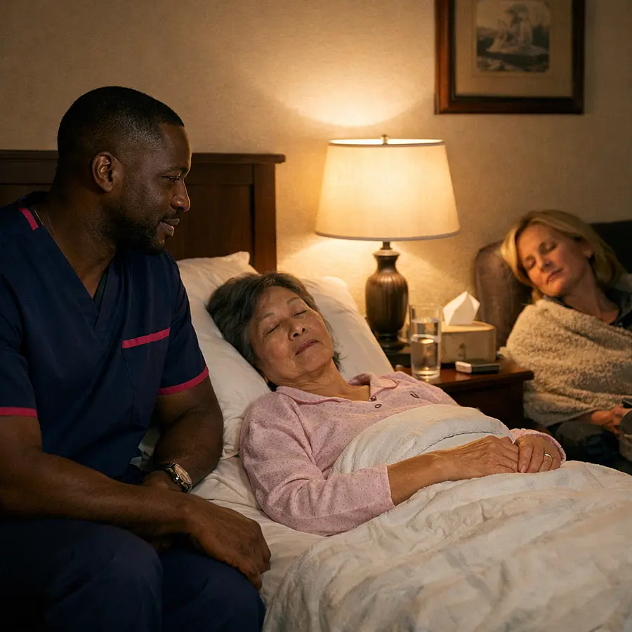 A realistic late evening bedroom scene with a black male caregiver in a tunic uniform colour 00072b with e51974 accent keeping watch beside an asian female service user caucasian relative resting in a chair under a blanket gentle bedside lamp peaceful safe and supportive atmosphere