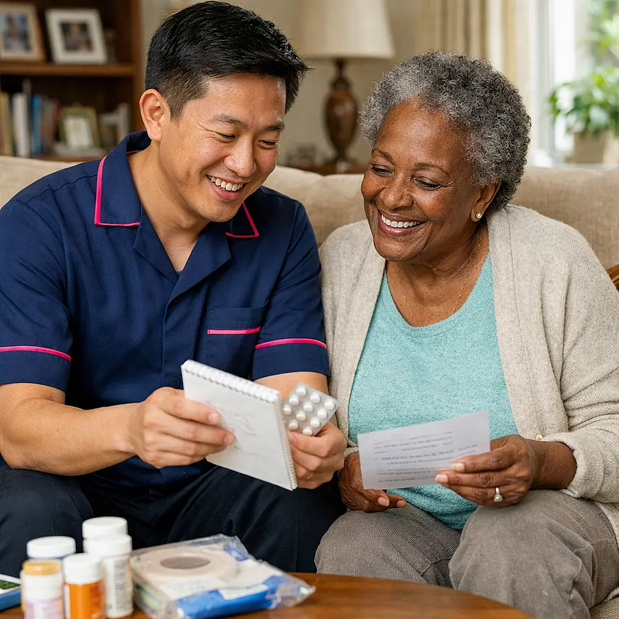A realistic living room image of an asian male caregiver in a 00072b tunic with e51974 piping helping an older black female service user review medication prompts and stoma supply notes cheerful expressions cosy home surroundings trust and reassurance clearly conveyed.
