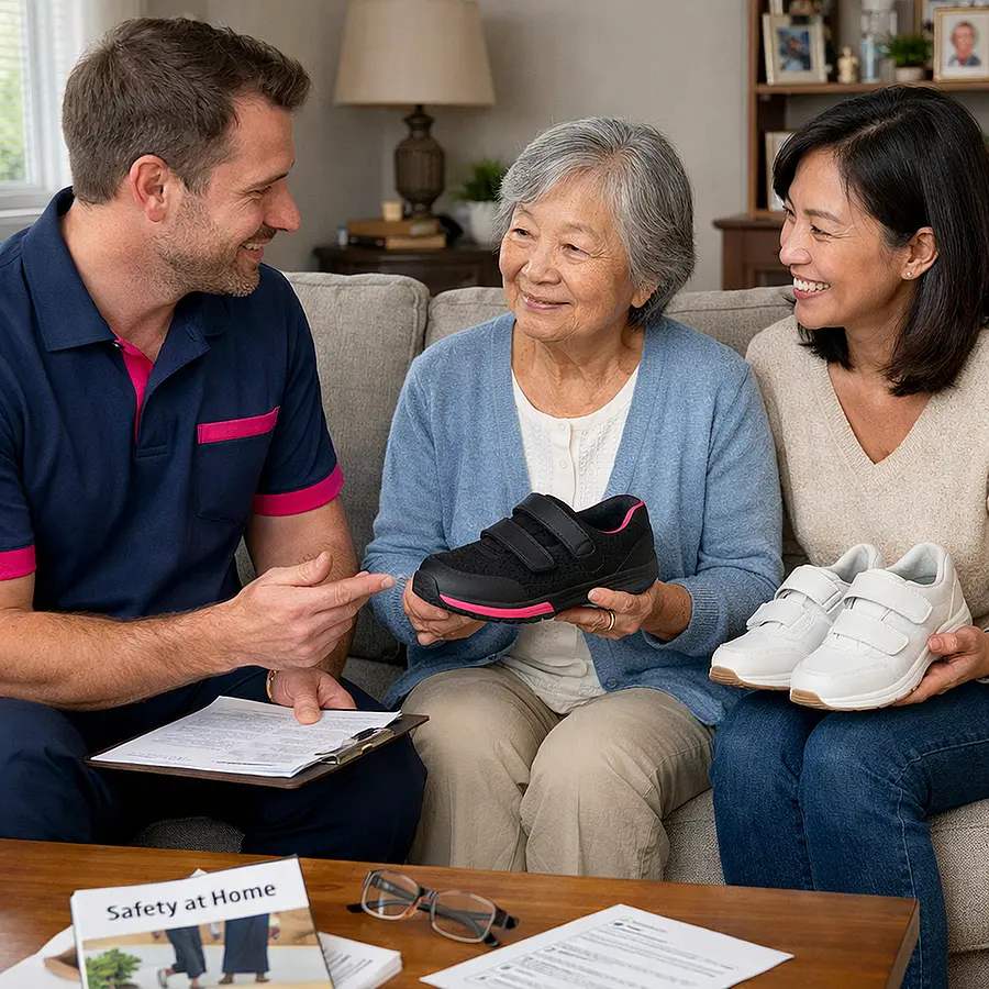 A realistic living room scene showing a caucasian male caregiver in 00072b with e51974 accents and an elderly asian woman with a family member discussing safe footwear and decluttered walking space all smiling softly conveying teamwork warmth and supportive planning after a fall.