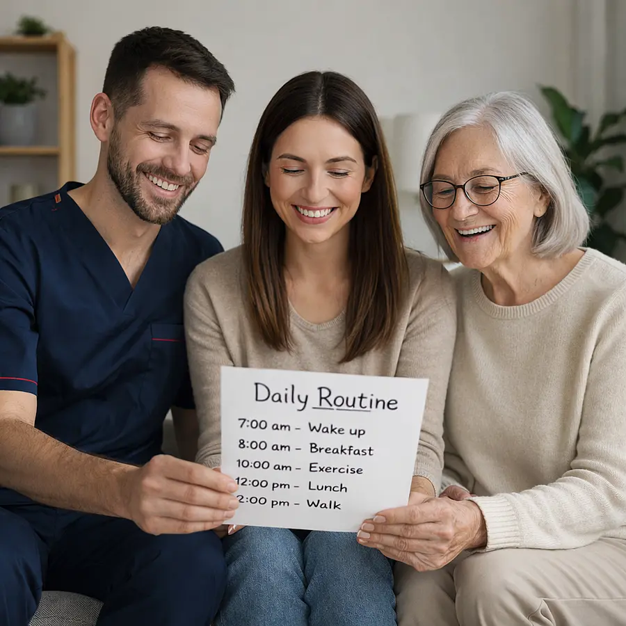 A realistic living room scene where a Caucasian male caregiver in a 00072b tunic with e51974 accents helps an adult daughter and her older mother look through a written daily routine all three smiling representing collaborative family care.