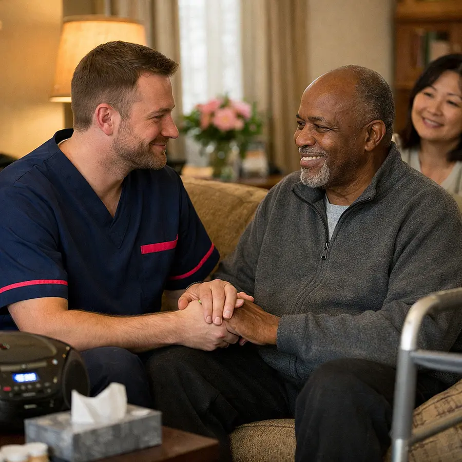 A realistic living room turned care space showing a caucasian male caregiver in a tunic uniform colour 00072b with e51974 accent sitting beside a black male service user holding his hand while soft music plays asian family member nearby warm expressions realistic and comforting