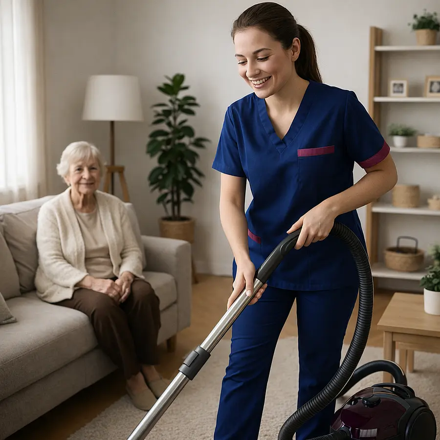 A realistic livingroom where a Caucasian female caregiver in a 00072b tunic uniform e51974 accent is cheerfully vacuming the living room for an elderly woman who is not able to do this due to failty is sitting in an armchair