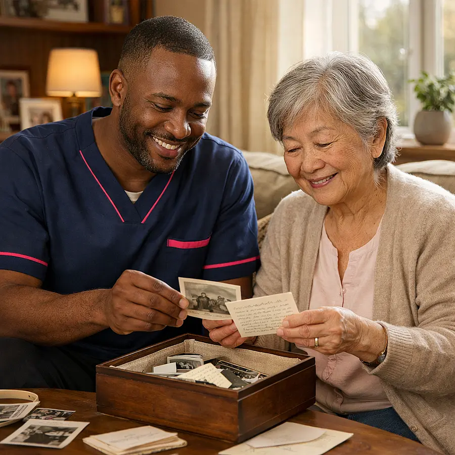A realistic lounge scene with a black male caregiver in a 00072b tunic with e51974 accent helping an elderly asian woman place handwritten notes and photographs into a memory box both smiling gently with soft afternoon light cosy furnishings and a heartfelt family atmosphere.