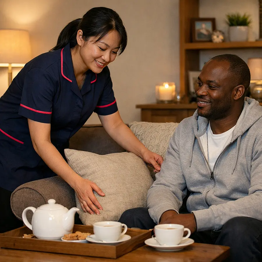 A realistic lounge setup prepared for a sensitive conversation featuring an asian female caregiver in a 00072b tunic with e51974 accents arranging cushions and tea for a black male service user both smiling gently warm homely lighting realistic details atmosphere of comfort and reassurance