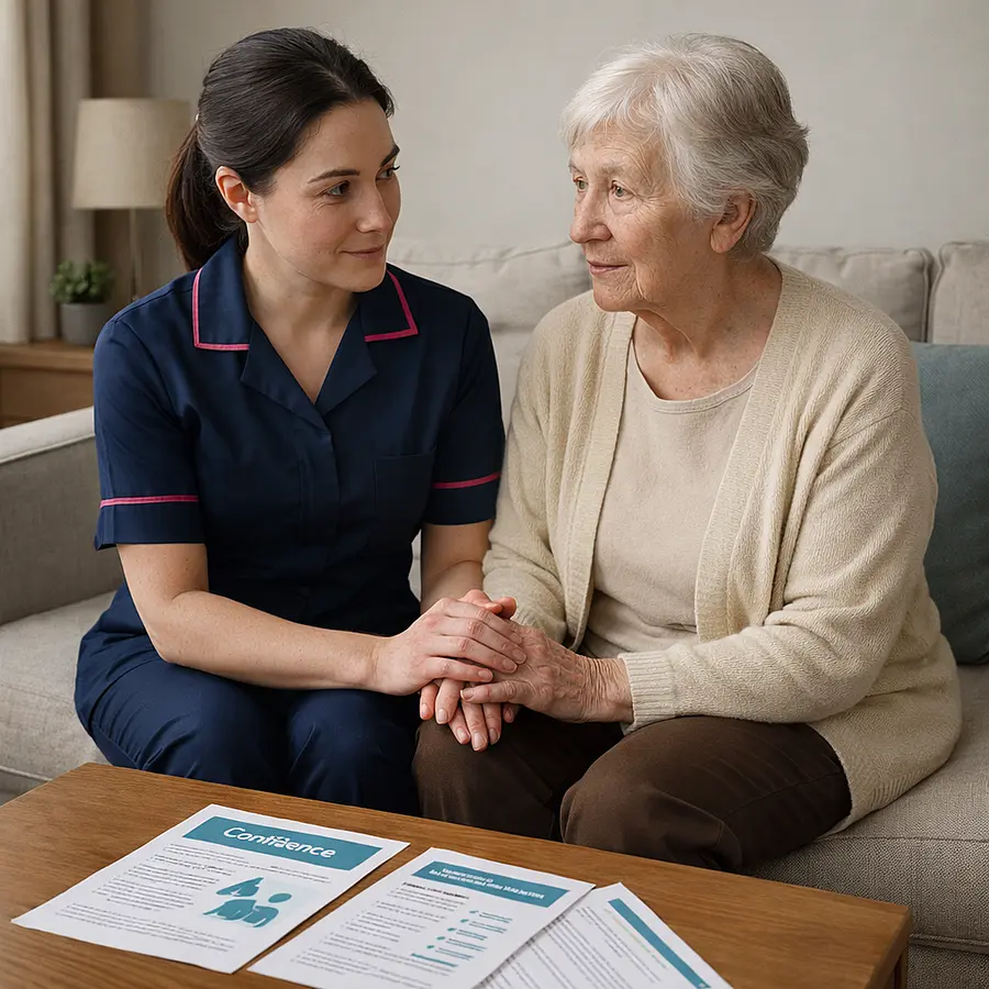 A realistic lounge where a caucasian female caregiver in a 00072b tunic with e51974 trim sits beside an older woman on a sofa gently holding her hand as they talk continence leaflets on the coffee table showing emotional support and collaborative planning.