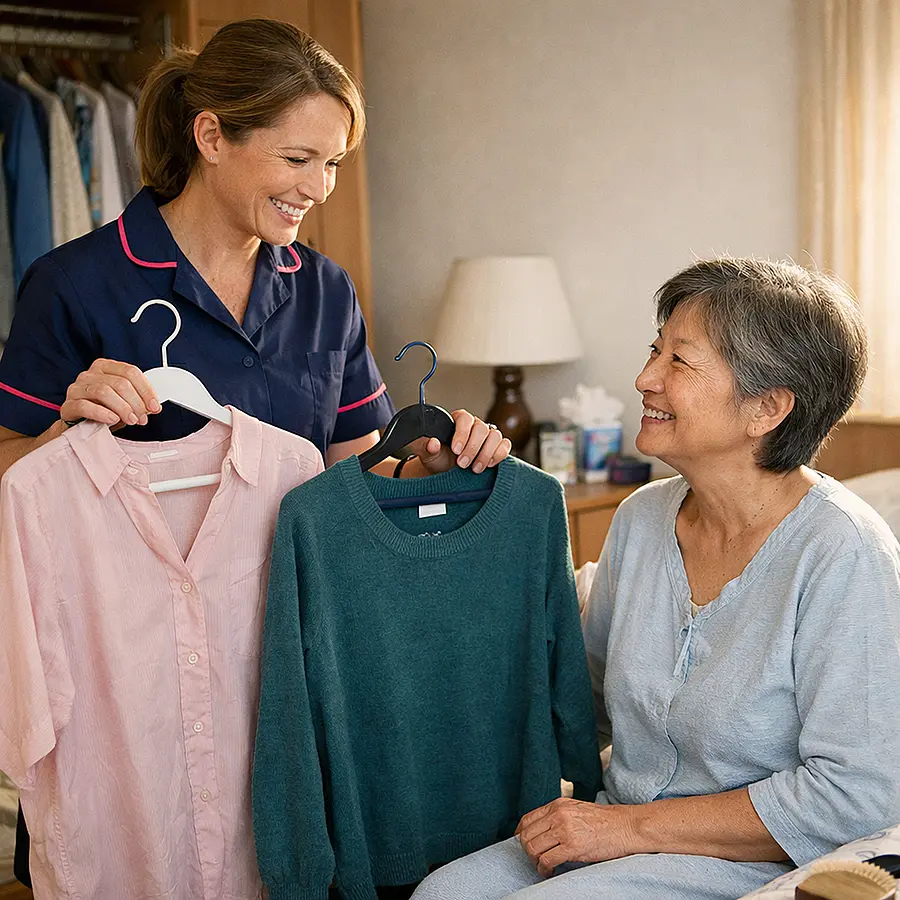 A realistic morning care scene in a bedroom with a caucasian female caregiver in a 00072b tunic uniform with e51974 details helping an asian female service user choose clothes and prepare for the day both looking relaxed and reassured warm sunlight respectful and realistic home care setting