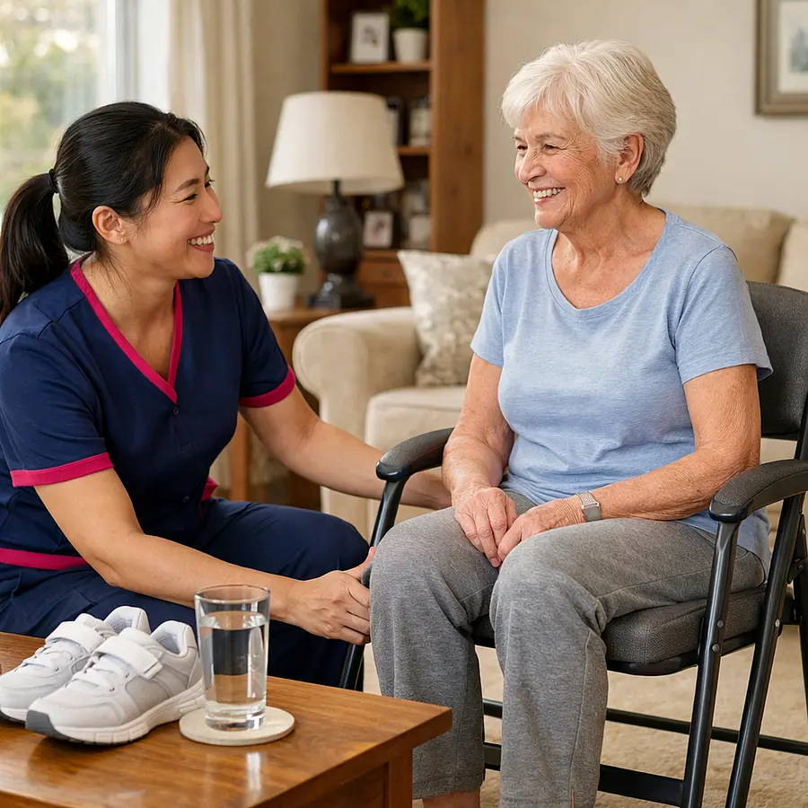 A realistic morning routine at home with an asian female caregiver in 00072b tunic with e51974 accent helping an elderly caucasian woman set up a sturdy chair water glass and comfortable shoes before exercise both smiling bright lounge realistic warm home care scene