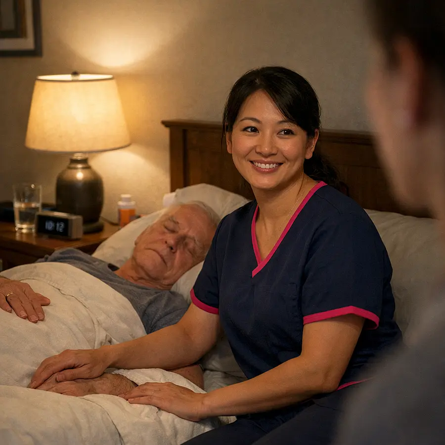 A realistic night time bedroom setting with an asian female caregiver in a 00072b tunic with e51974 accent sitting calmly beside a sleeping caucasian service user checking comfort and smiling reassuringly toward a family member at the door with soft lamp light and a peaceful secure atmosphere.