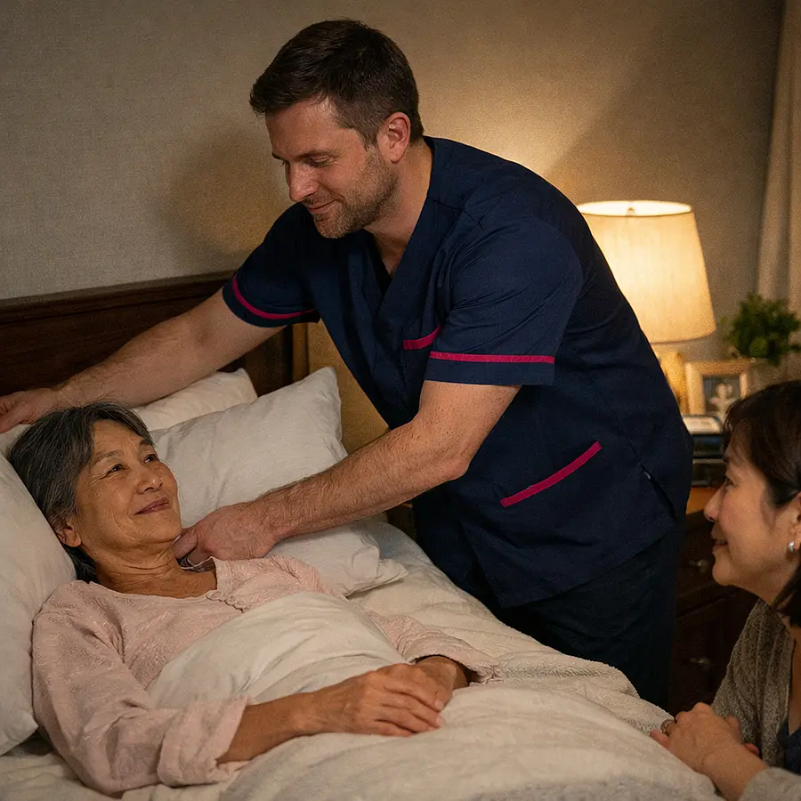 A realistic night time home care image showing a caucasian male caregiver in a tunic uniform colour 00072b with e51974 accent adjusting pillows for an asian female service user family member watching with relief warm bedside light peaceful bedroom clear sense of safety and reassurance realistic not
