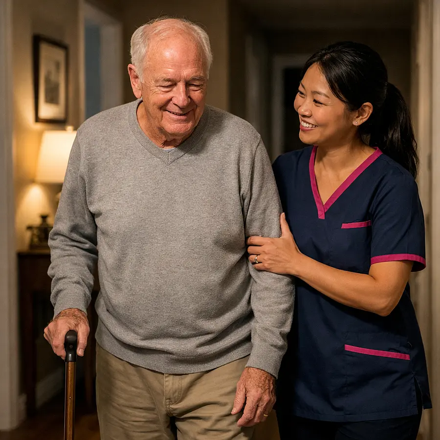 A realistic night time home care scene with an asian female caregiver in a 00072b tunic with e51974 accent gently supporting an elderly caucasian man walking safely in a softly lit hallway calm smiles reassuring and warm atmosphere realistic photography