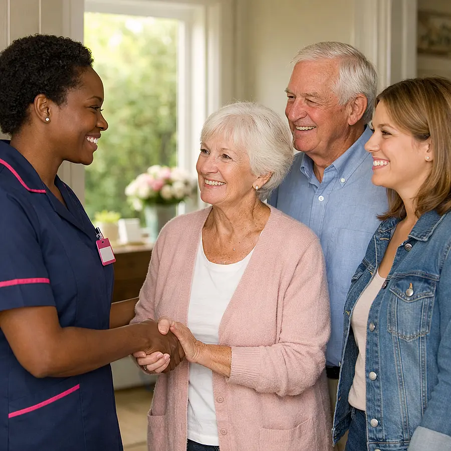 A realistic photograph of a black female caregiver in a 00072b tunic with e51974 accent warmly greeting an elderly caucasian couple and their adult daughter at the front door everyone smiling with reassurance and trust realistic home care setting bright and welcoming