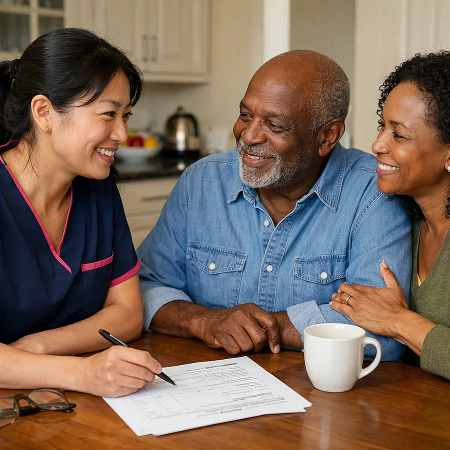 A realistic photograph of an asian female caregiver in a 00072b tunic with e51974 accent meeting an elderly black man and his daughter over a simple care plan at the kitchen table relaxed smiles hopeful trial arrangement realistic and warm
