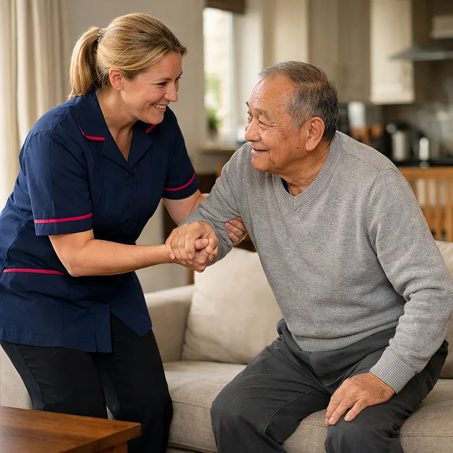 A realistic photograph style scene of a caucasian female caregiver in a 00072b tunic with e51974 accent trim encouraging an elderly asian man to stand from a sofa safely with both appearing calm and hopeful in a well lit home highlighting gentle progress and regained confidence after a fall.