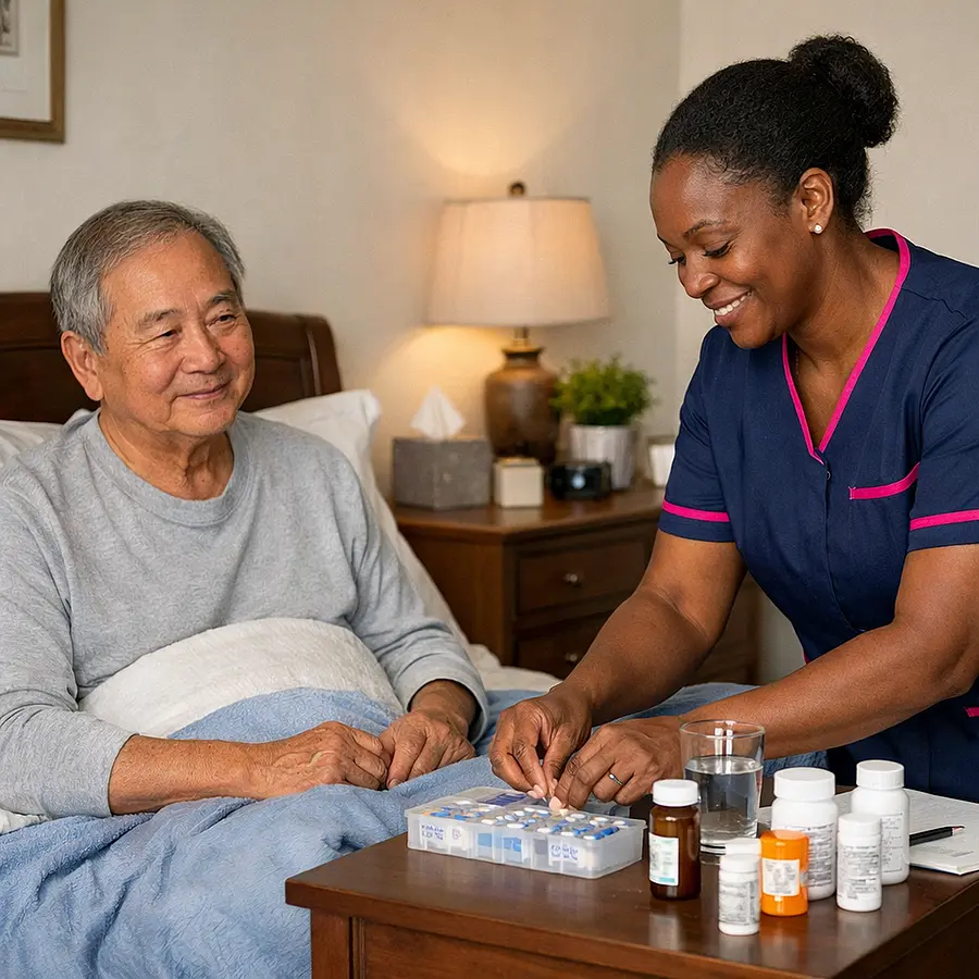 A realistic post operative home support scene with a black female caregiver in a 00072b tunic with e51974 accent tidying a bedroom and organising medications for an asian older man. The service user looks comforted and relaxed and the image conveys warmth dignity and practical support in a realistic