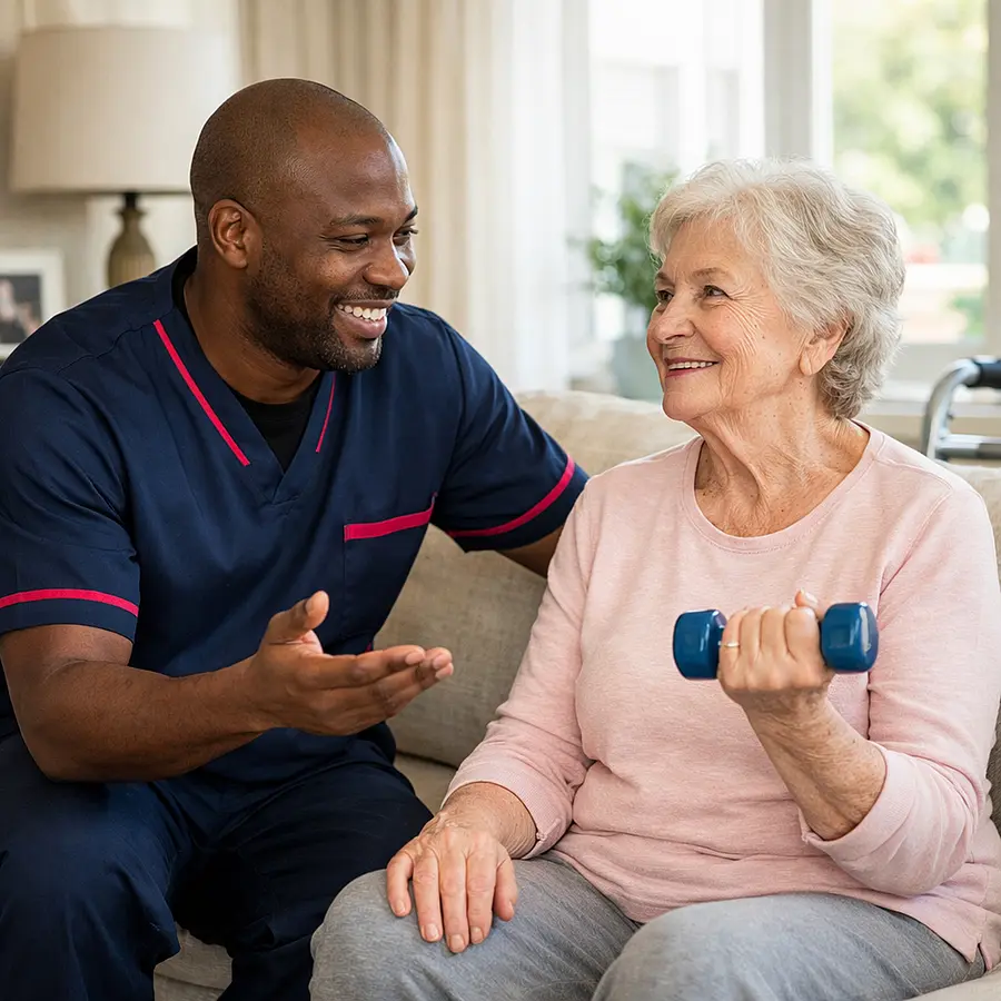 A realistic post setback support image with a black male caregiver in 00072b tunic with e51974 accent gently encouraging an elderly caucasian woman to begin small seated exercises again warm smiles soft daylight reassuring realistic home care scene
