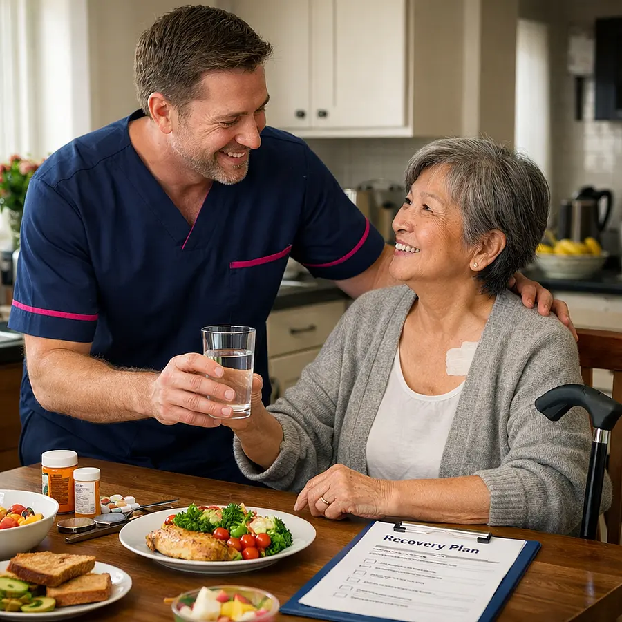 A realistic post surgery home recovery scene with a caucasian male caregiver in a 00072b tunic with e51974 accents assisting an asian older woman at a kitchen table. Fresh food a recovery plan and a walking stick are visible. The mood is warm joyful and supportive with natural lighting and true to l