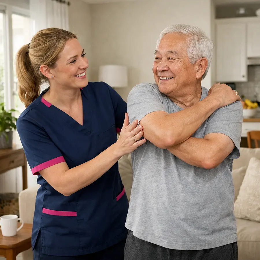 A realistic professional care image with a caucasian female caregiver in 00072b tunic with e51974 accent supporting an elderly asian man through a calm morning exercise routine cheerful and reassuring expressions tidy home realistic home care photography