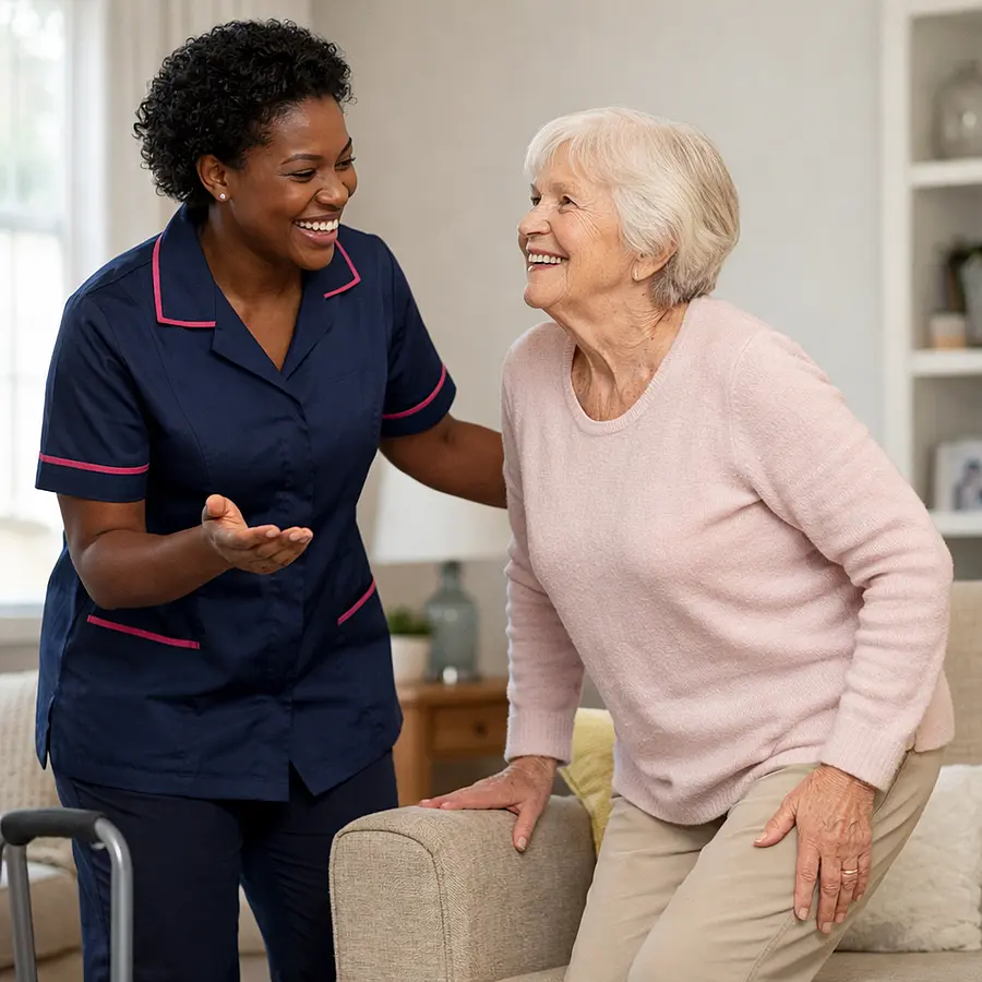 A realistic progress focused home care image with a black female caregiver in 00072b tunic with e51974 accent smiling as an elderly caucasian woman stands more confidently from a chair encouraging body language bright room realistic and uplifting