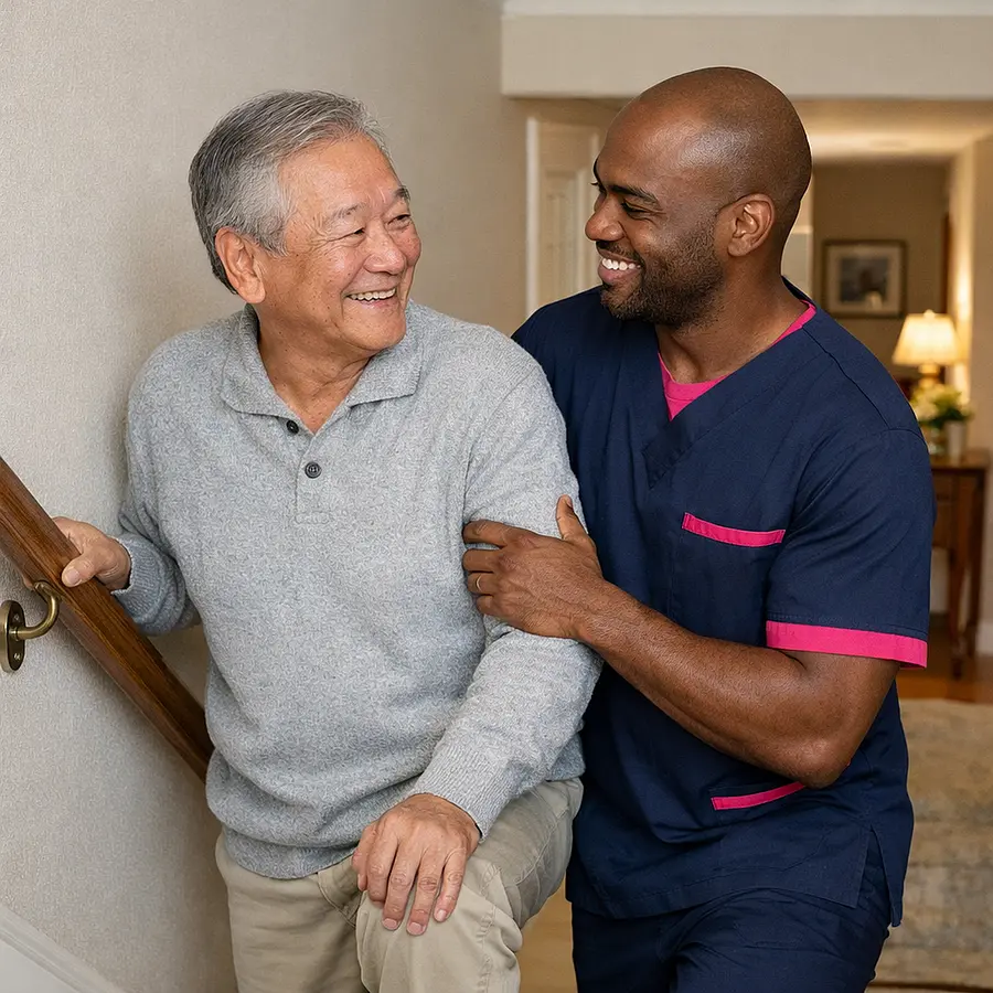 A realistic recovery at home image featuring a black male caregiver in a 00072b tunic with e51974 accents assisting an elderly asian man on the stairs. They share a reassuring smile with a handrail tidy hallway and soft daylight creating a safe warm believable home care setting.