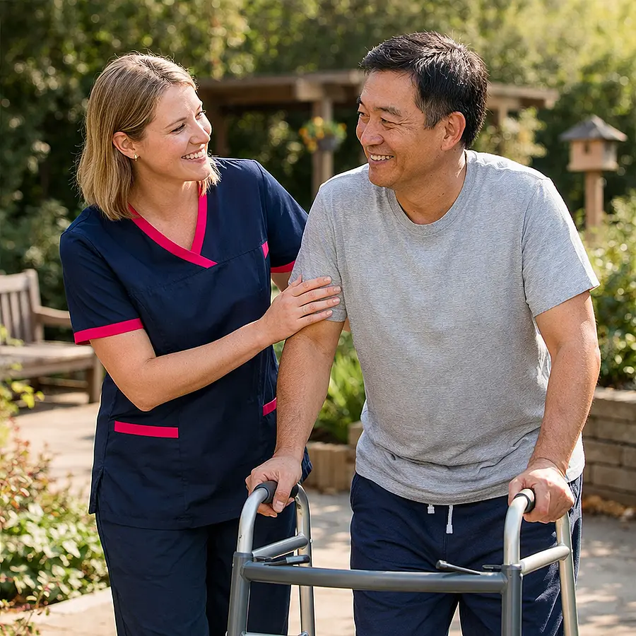 A realistic recovery garden scene with a caucasian female caregiver wearing a 00072b tunic with e51974 accents gently encouraging an asian male service user to walk outdoors after surgery. Both look positive and reassured with natural greenery mobility aid and a realistic warm daylight setting.